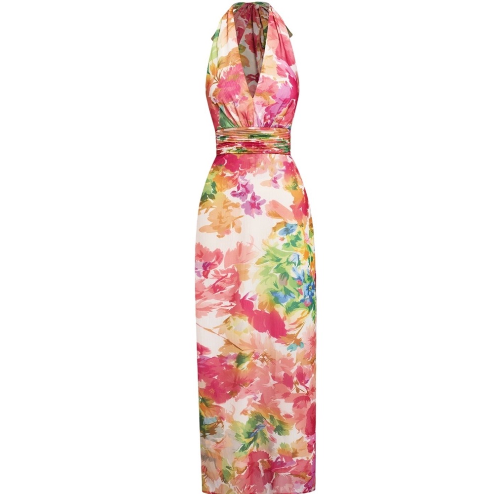 NWT Fehaute Floral Watercolor Chiffon Halter Neck Sheath Maxi Dress Gown US 2 - Picture 2 of 8